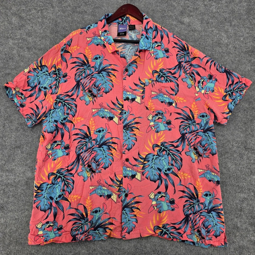 Disney Stitch Mens 3XL Hawaiian Shirt Pink Tropical Floral Button Down